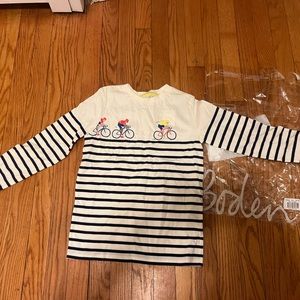 NWT kids navy blue striped with bicycle detail Boden Breton shirt. Size 8-9